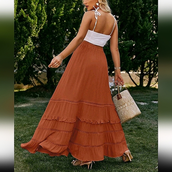 New Boho Flowy Ruffle Lace Long Skirt Red Rust Orange - Picture 3 of 7